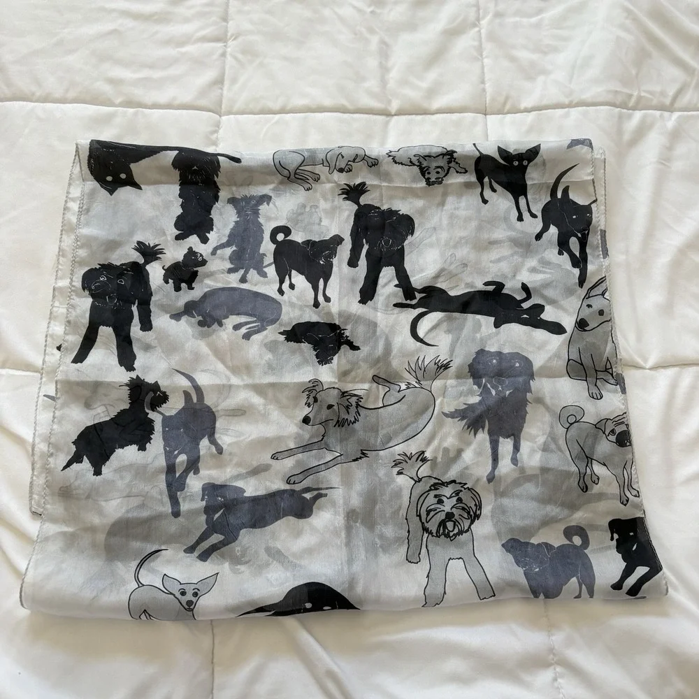 Vintage Dog Lover Womens Scarf 100% Silk Shawl Gray Feminine‎ Whimsy Coquette